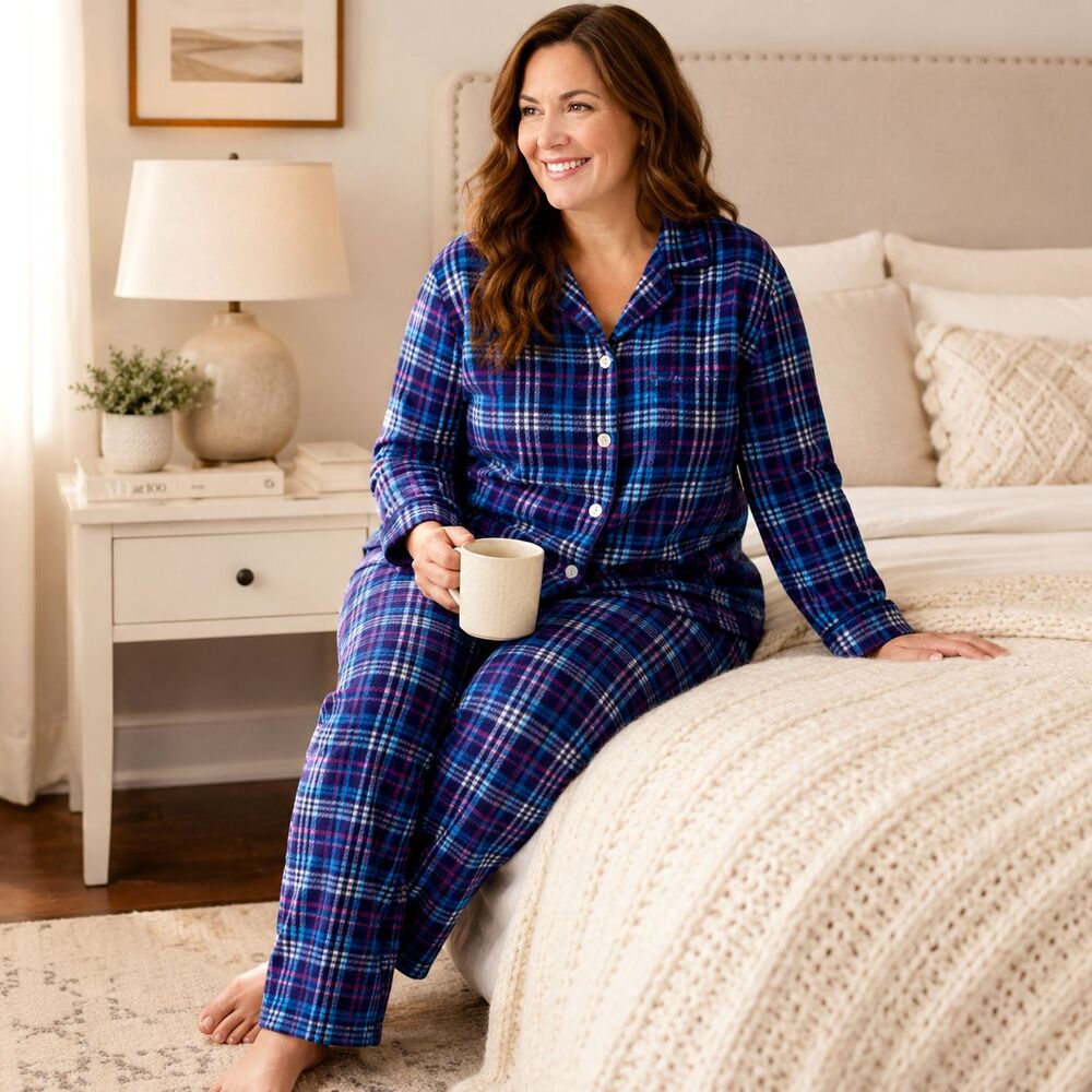 Anne Klein Pajama Set M Blue Plaid Fleece Button Down Pants Pockets Cozy Winter